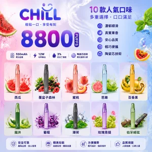 一次性電子煙 Chill 鴨嘴獸｜8800口｜550mAh可充電｜12W 輸出｜口味清單